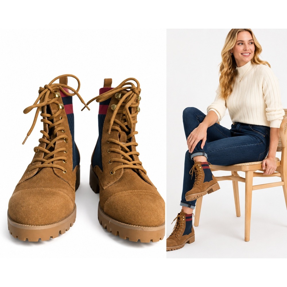 Cecelia Booties Women 9M Brown Leather Suede Navy Lace Up Block Heel Ankle Boots